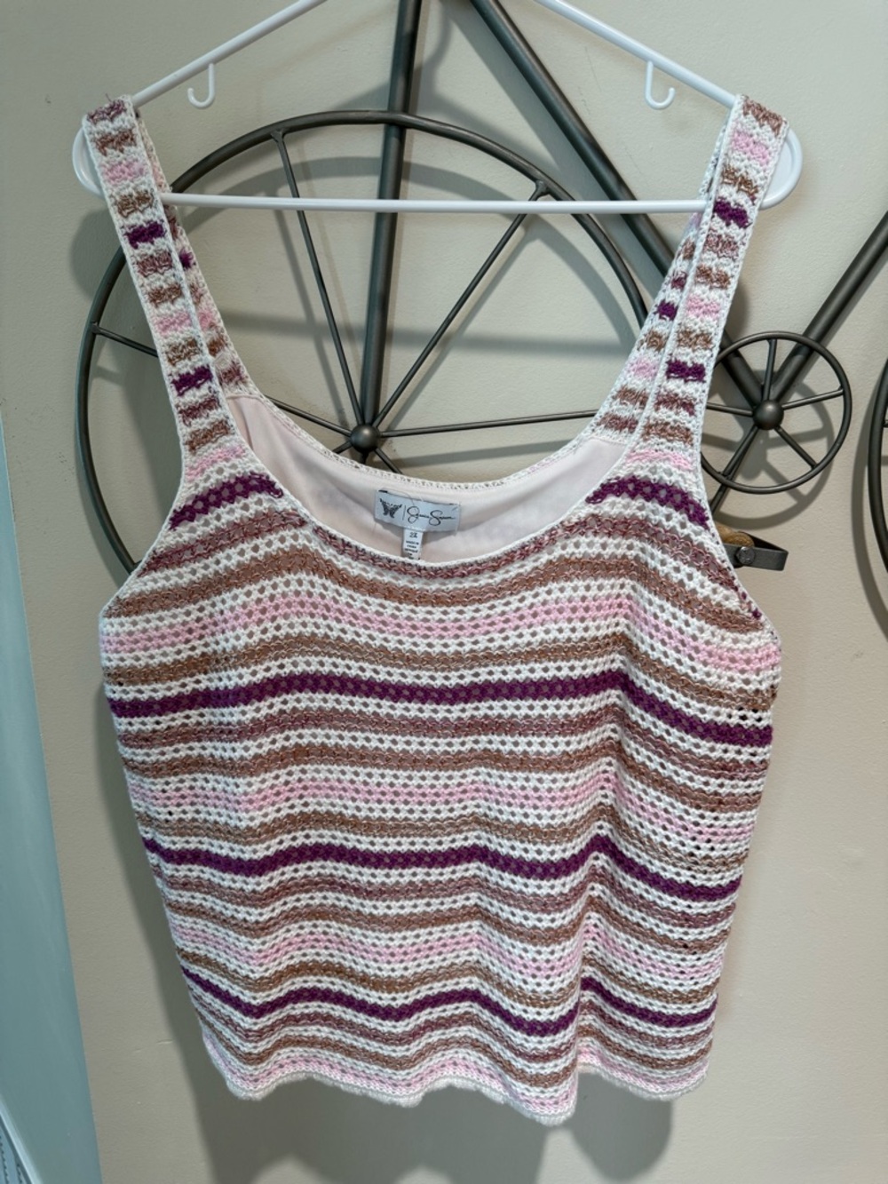 Jessica Simpson Crochet Stripe Tank Top in White, Pink, Brown, Purple